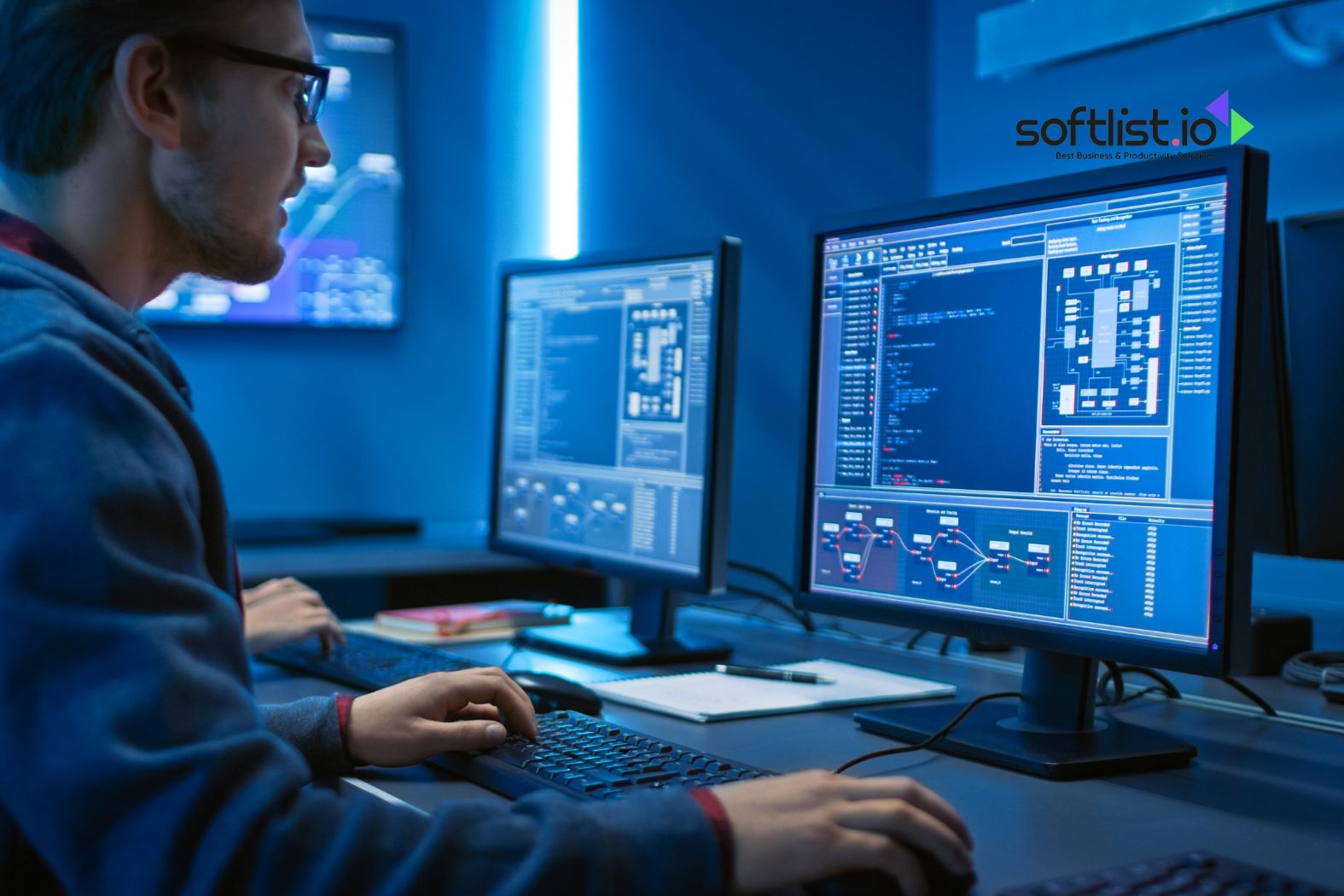 A man working on coding software in a dark room with multiple monitors