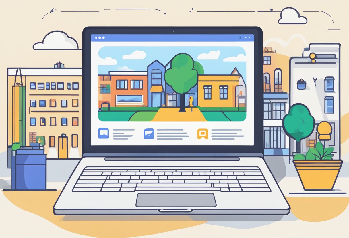 A laptop open to a Google Business Profile page, surrounded by local landmarks and businesses. The screen shows options for claiming and optimizing the profile