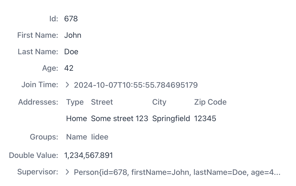 The image shows a detailed data display for a person named "John Doe," with various attributes listed in a structured format.