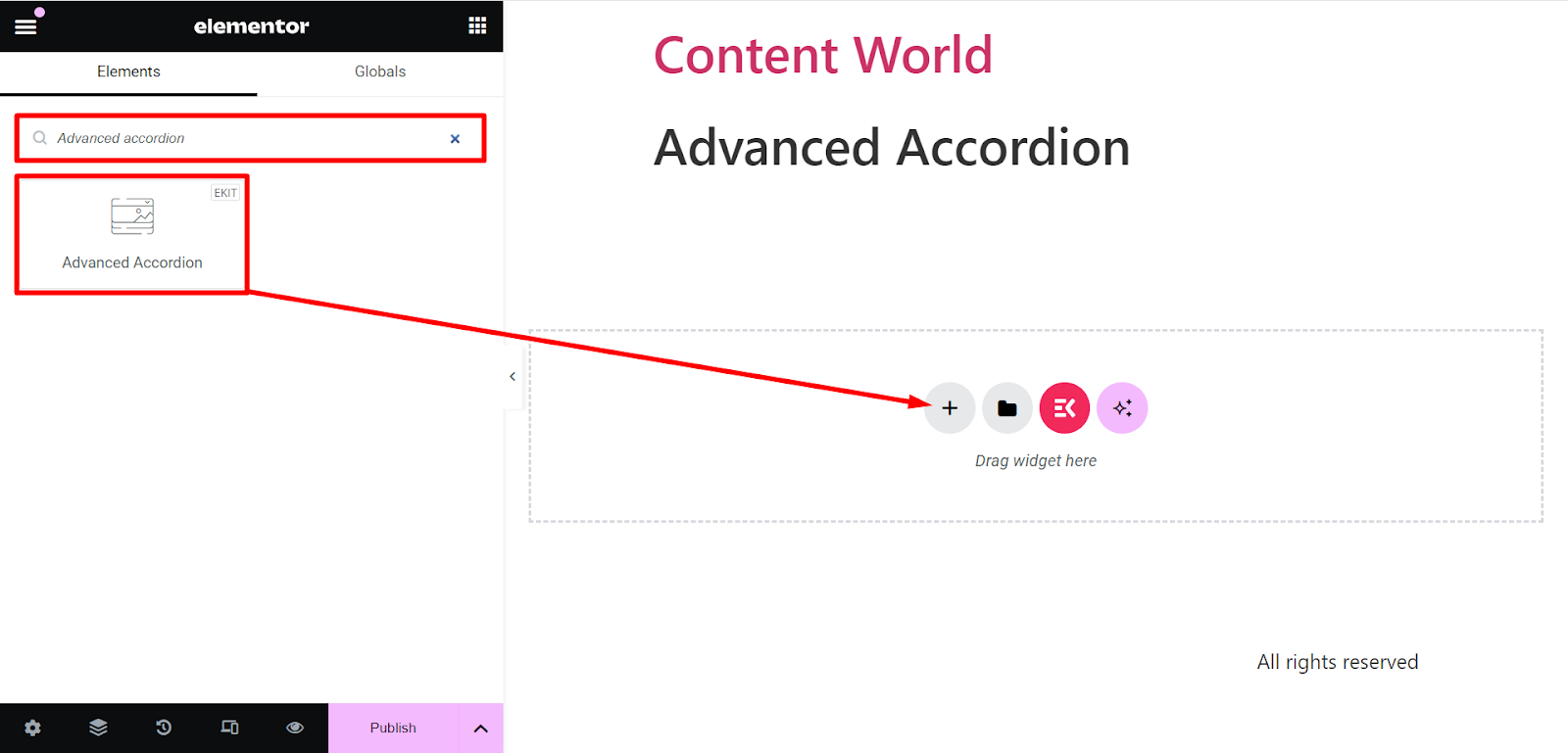Arrastre y suelte el widget de acordeón avanzado de ElementsKit