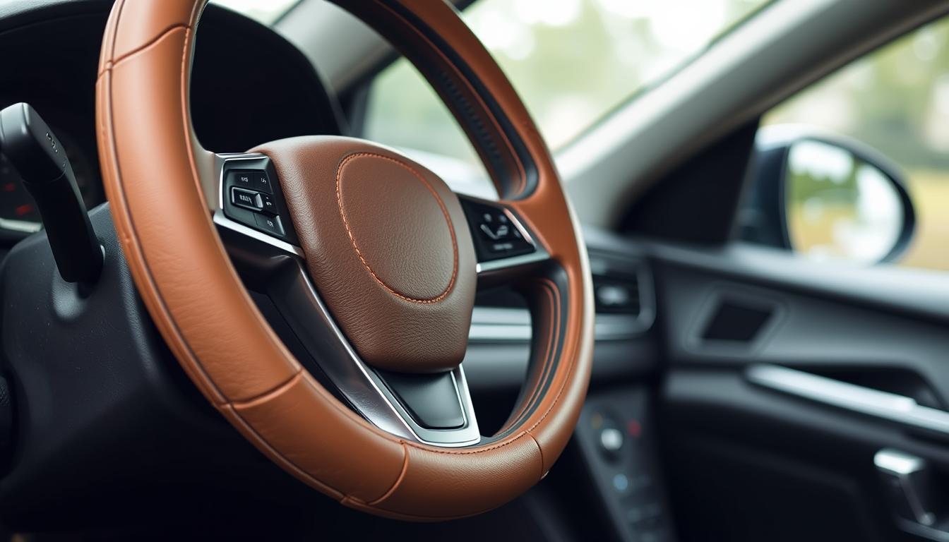 Valleycomfy Leather Steering Wheel Cover installed on a car steering wheel