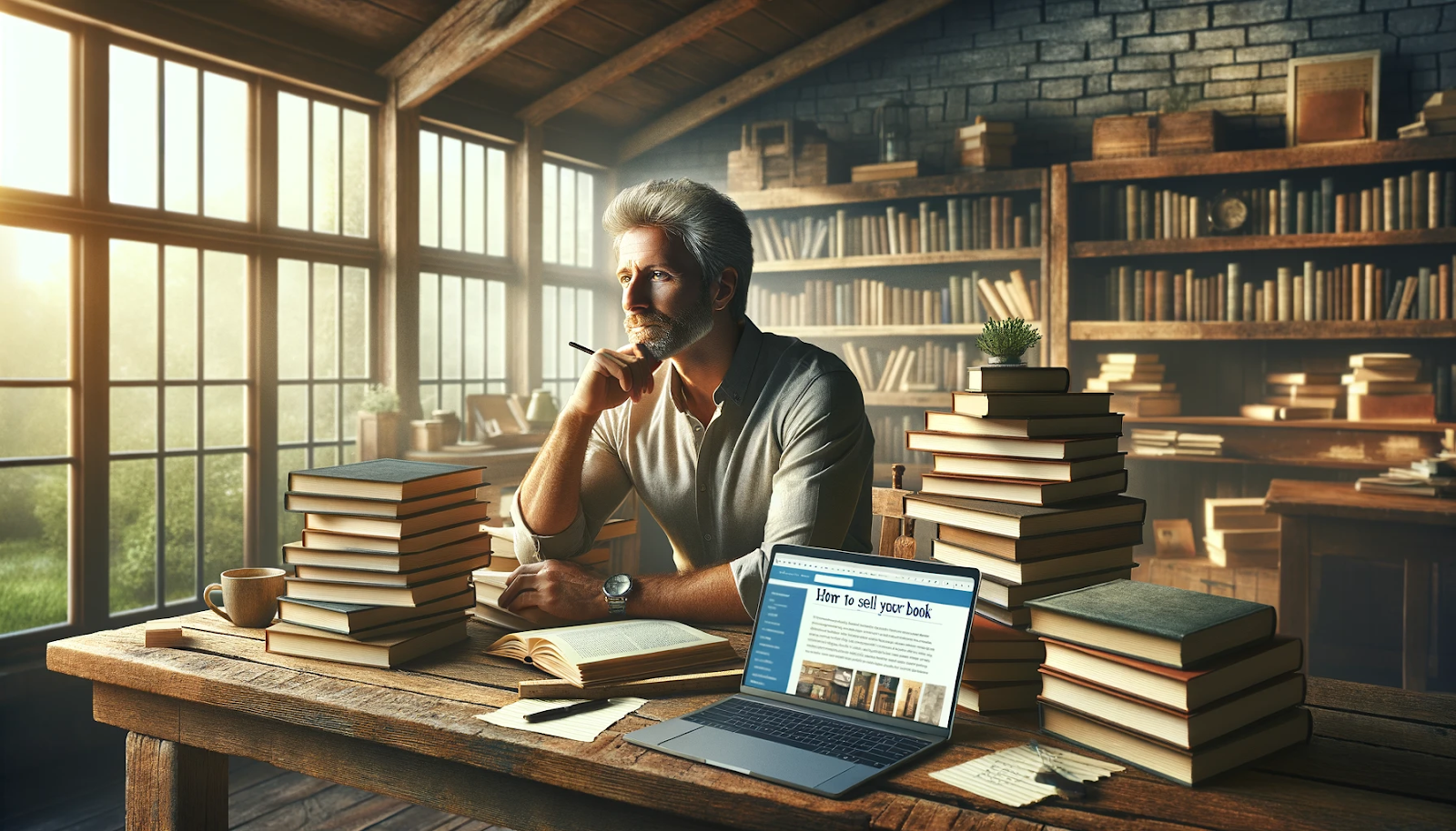 This image shows a mature man with gray hair and a beard, seated at a rustic wooden desk in a cozy, sunlit library. He is deep in thought, holding a pen to his mouth, surrounded by piles of books. There's a laptop open in front of him, displaying a webpage. The library has a warm ambiance with wooden shelves filled with books and a large window that lets in plenty of natural light, enhancing the serene and scholarly atmosphere of the room.