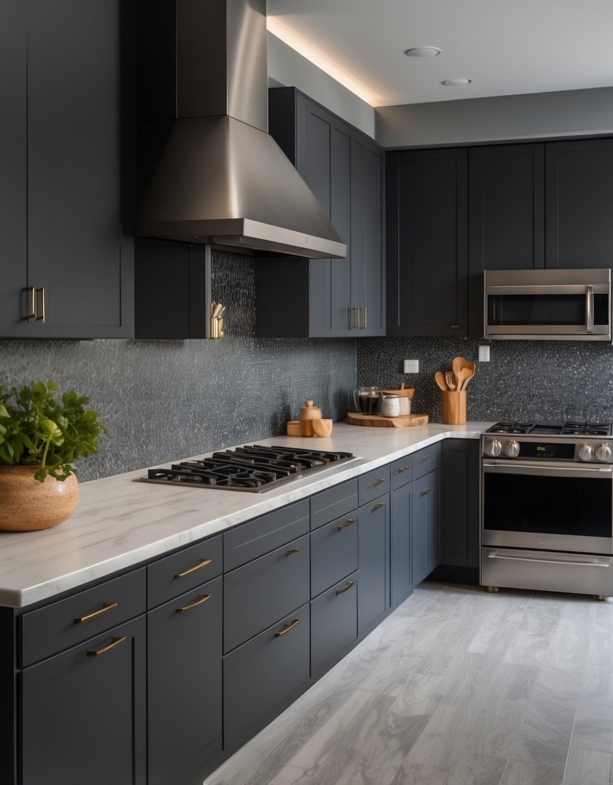 A sleek, modern kitchen with Lunar Luxe 32 Dark Gray cabinets, stainless steel appliances, and marble countertops