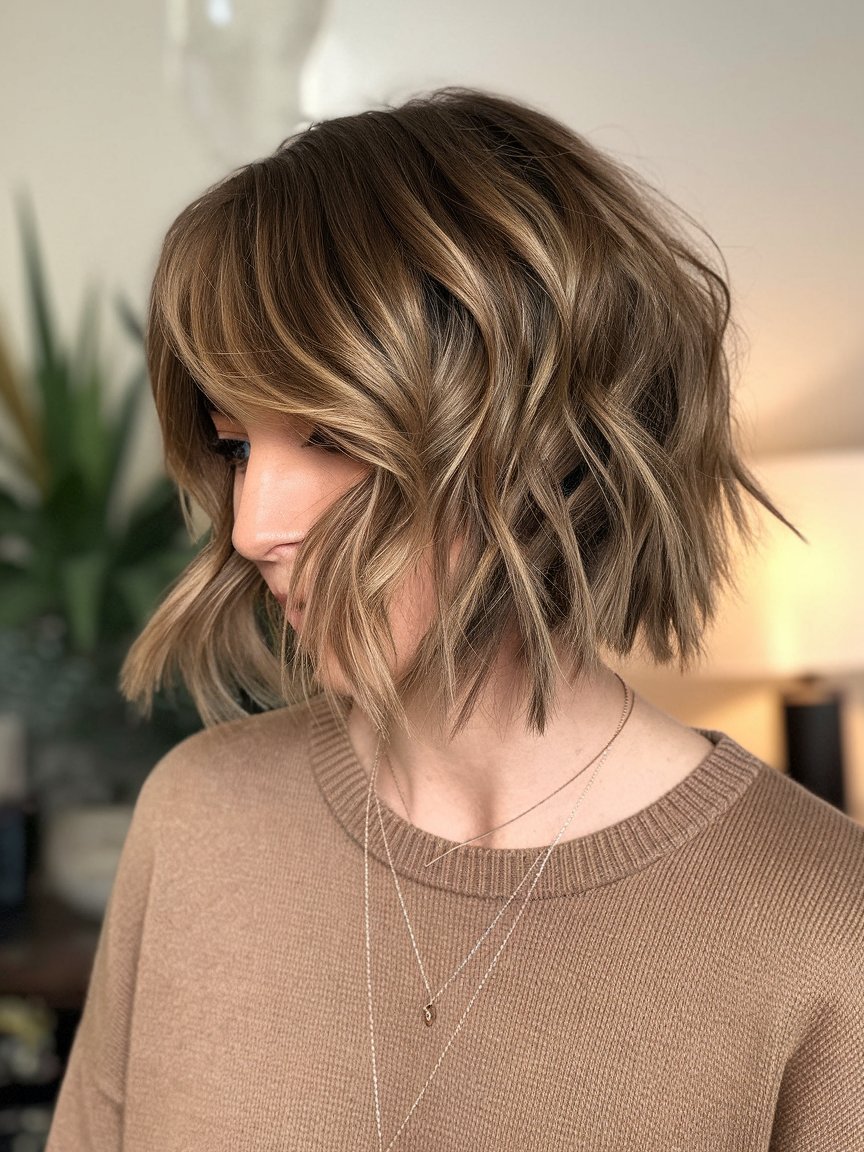 46. Short Wavy Bob with Side Bangs