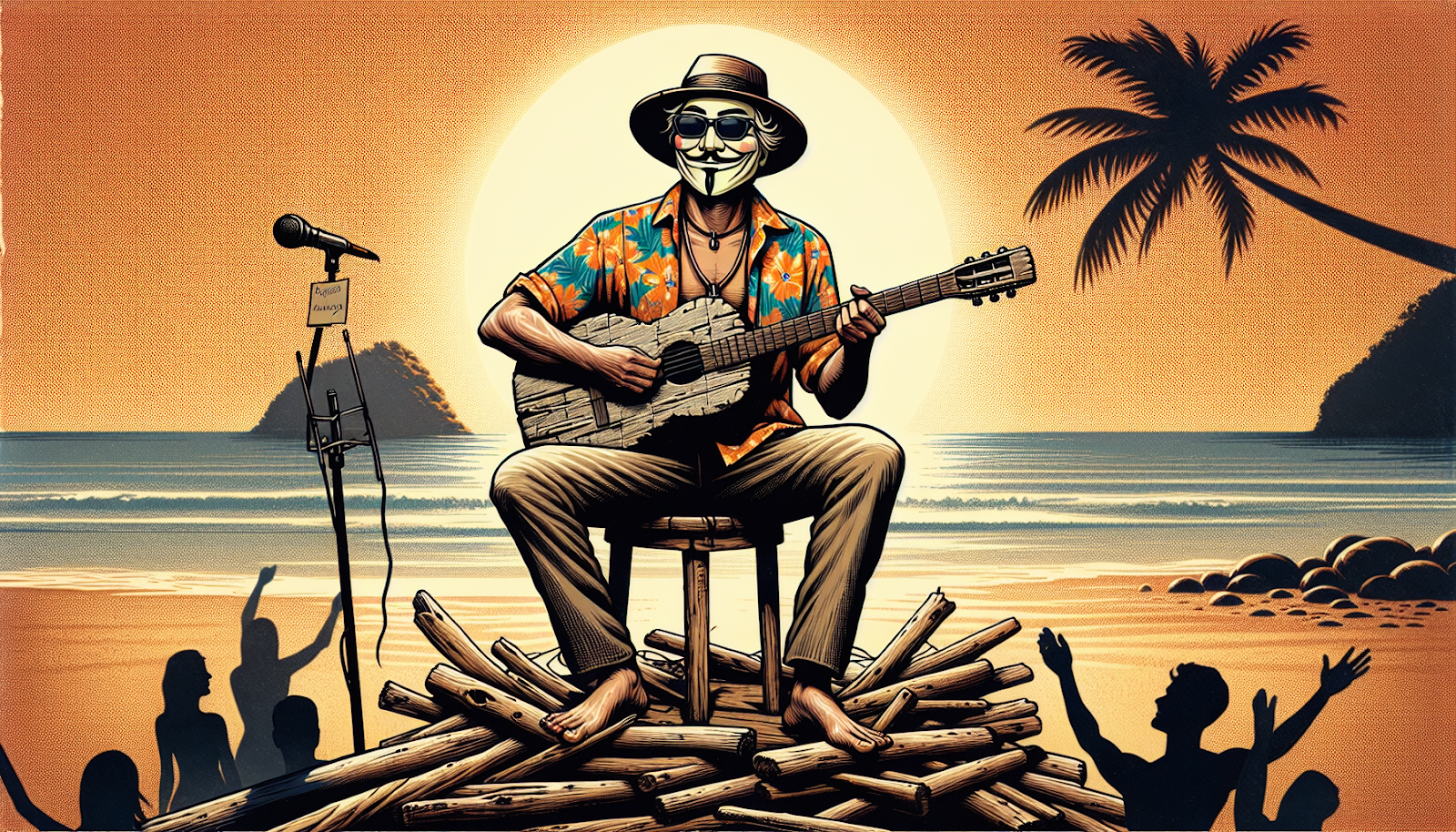 Illustration of Jimmy Buffett performing on stage