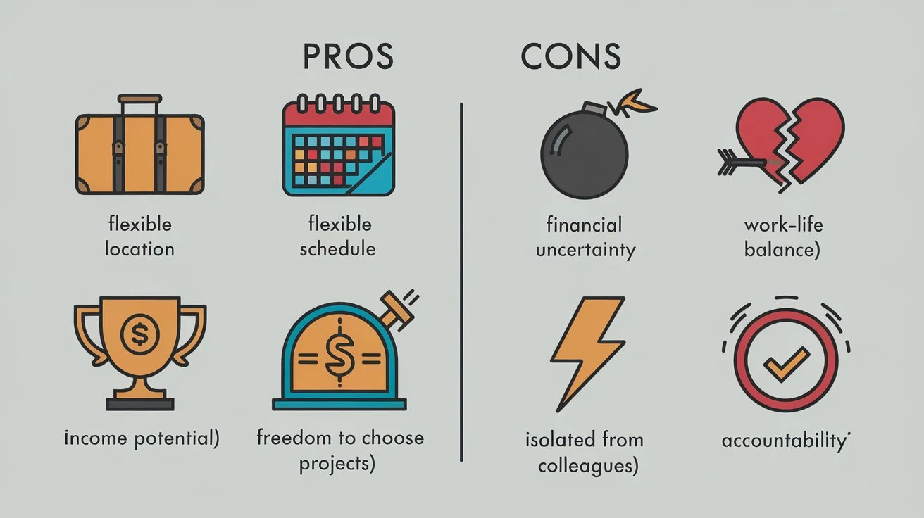 A visual comparing the pros and cons of freelancing, with icons representing benefits and challenges.