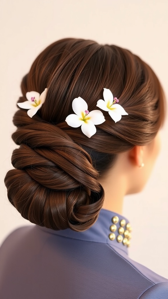 A polished updo hairstyle for cabin crew, adorned with white floral accents.
