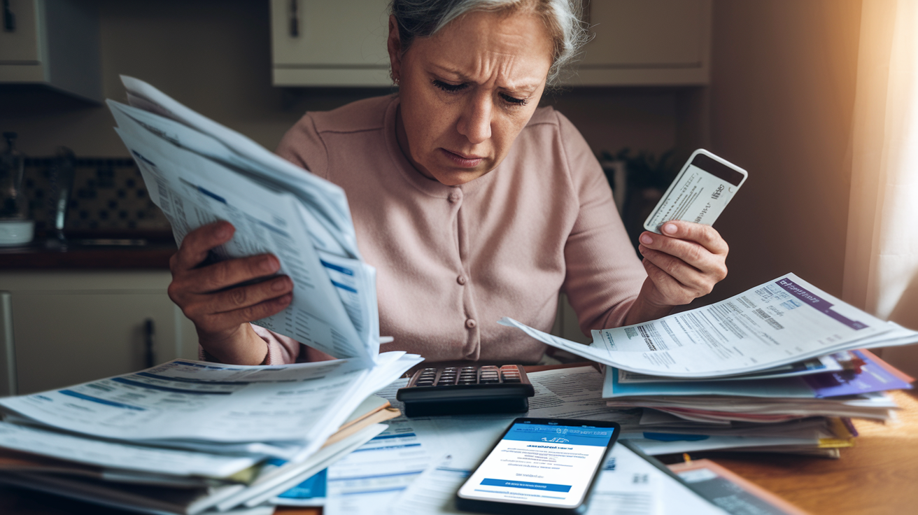 Create a realistic image of a stressed middle-aged white woman sitting at a kitchen table, surrounded by piles of medical bills and paperwork, holding a calculator in one hand and a health allowance card in the other, with a worried expression on her face as she looks at the bills, soft ambient lighting from a nearby window, and a smartphone displaying a medical billing office's website visible on the table.