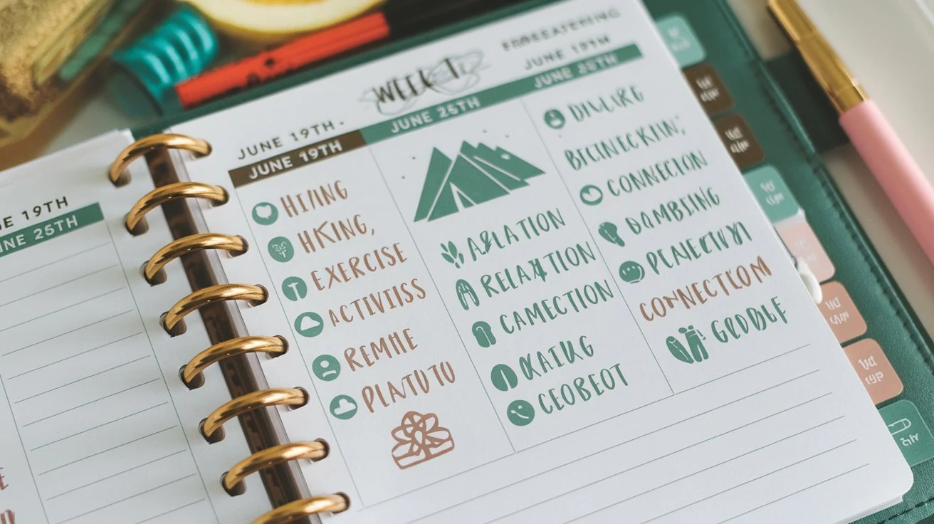 A visual of a weekly planner with outdoor activities scheduled and nature-themed icons representing different benefits.