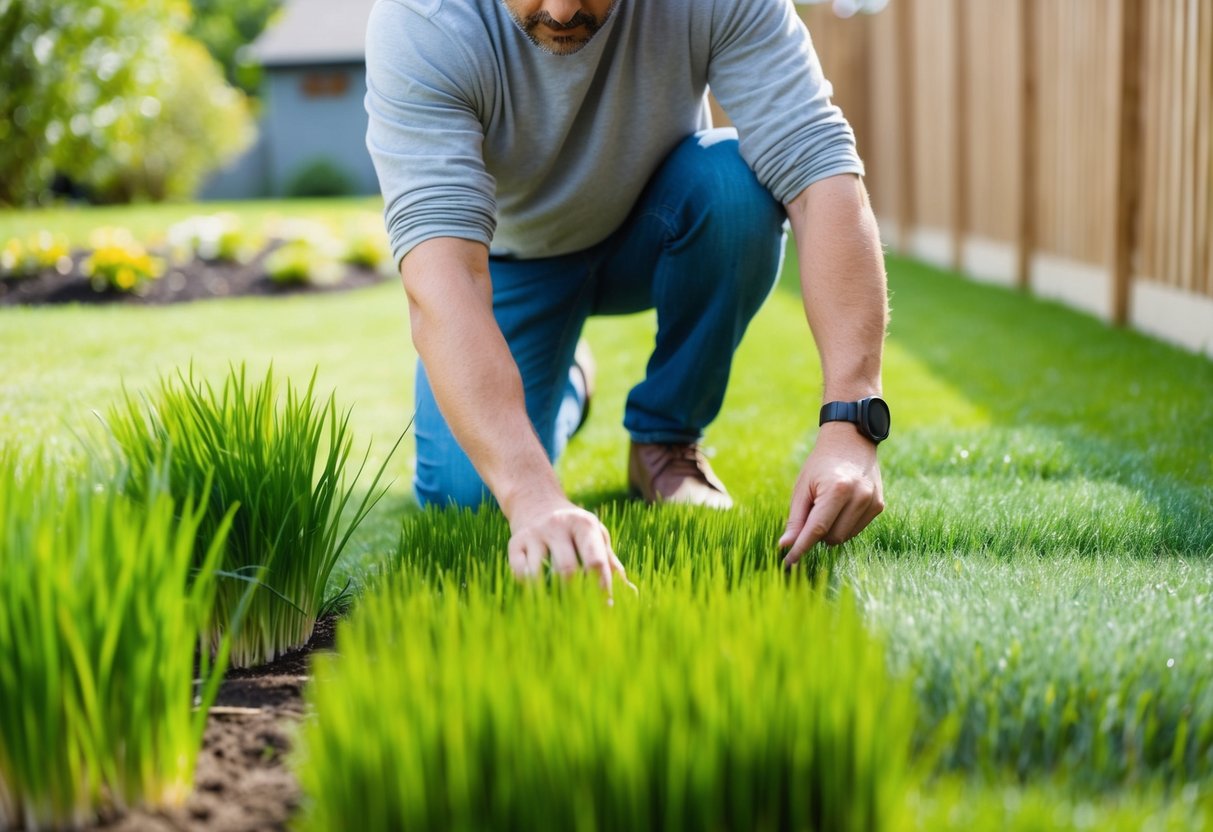 A dog owner carefully examines different types of grass in a yard, considering factors such as durability and resistance to pet damage