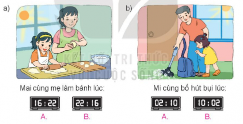 BÀI 66. XEM ĐỒNG HỒ. THÁNG - NĂMHOẠT ĐỘNG 1Bài 1: Số?Đáp án chuẩn:a) 7 giờ 25 phút sáng.b) 10 giờ 10 phút sáng.c) 2 giờ 33 phút chiều.d) 3 giờ 42 phút chiều.Bài 2: Hai đồng hồ nào chỉ cùng thời gian vào buổi chiều?Đáp án chuẩn:Bài 3: Chọn đồng hồ thích hợp với mỗi tranhĐáp án chuẩn:a) Đồng hồ  A.b) Đồng hồ B.Bài 4: Số?a) 10 phút + 25 phút = ? phútb) 24 giờ - 8 giờ = ? giờc) 24 giờ × 2 = ? giờd) 60 phút : 6 = ? phútĐáp án chuẩn:a) 35 phútb) 16 giờc) 48 giờd) 10 phútHOẠT ĐỘNG 2Bài 1: Quan sát tờ lịch năm nay và cho biết:a) Những tháng nào có 30 ngày.b) Những tháng nào có 31 ngày.c) Tháng 2 năm nay có bao nhiêu ngày.Đáp án chuẩn:a) Tháng 4, tháng 6, tháng 9, tháng 11b) Tháng 1, tháng 3, tháng 5, tháng 7, tháng 8, tháng 10, tháng 12c) Tháng 2 năm nay có 28 ngày.LUYỆN TẬP