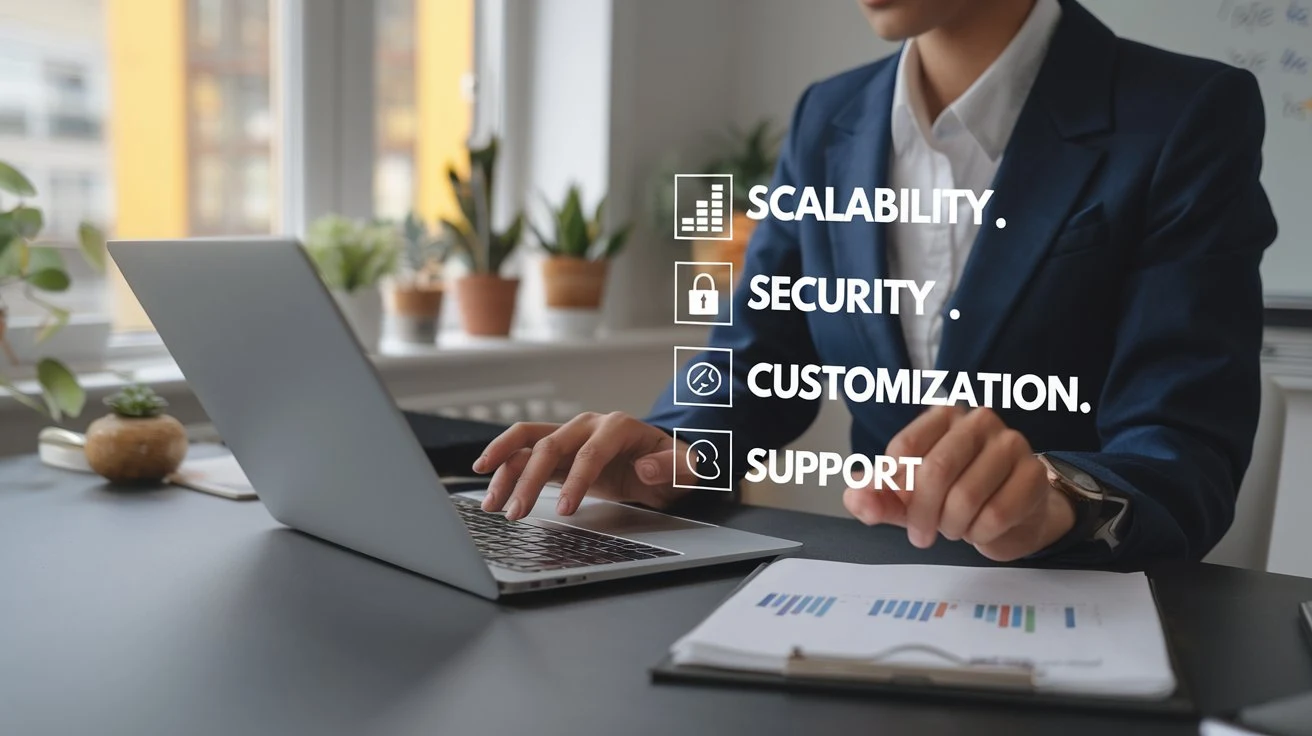 Checklist of key SaaS features such as scalability, security, and customization, being reviewed by a businessperson.