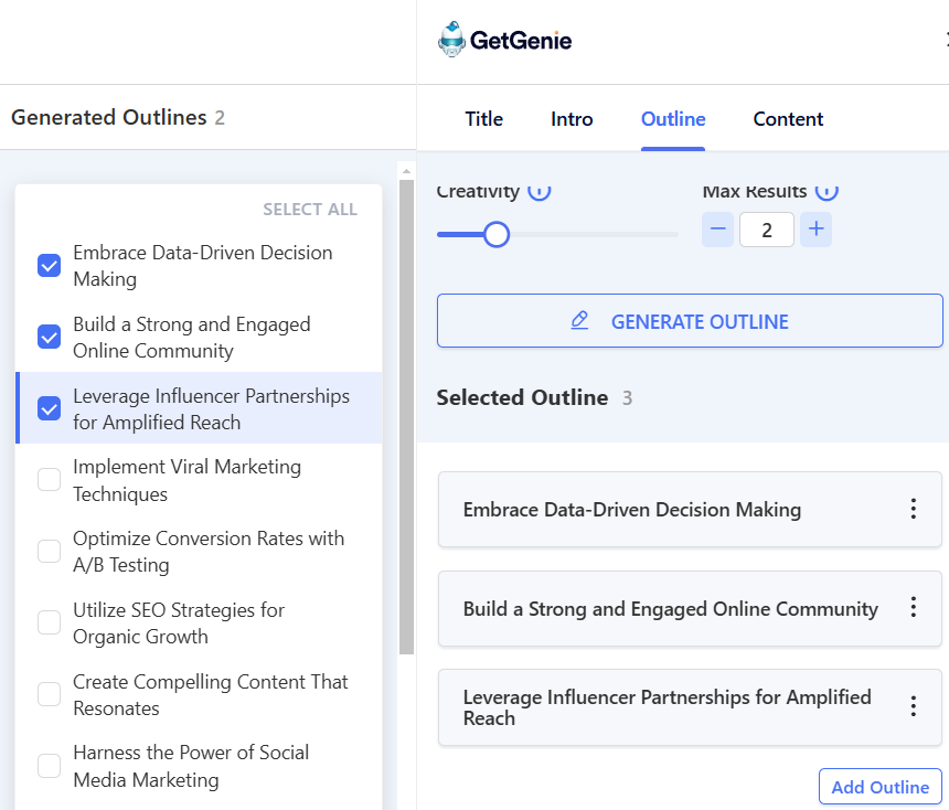 Generating an outline with GetGenie