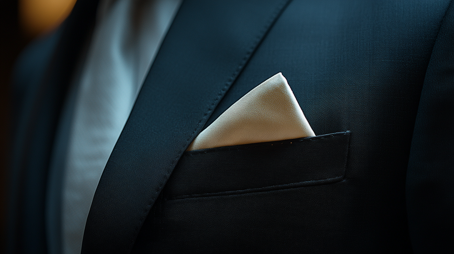 A close-up of a black suit with a crisp, white pocket square neatly folded in the pocket. The contrast between the deep black of the suit and the bright white of the pocket square creates a clean, sharp, and timeless look. Soft lighting emphasizes the simplicity and elegance of this classic combination, perfect for formal or sophisticated occasions.