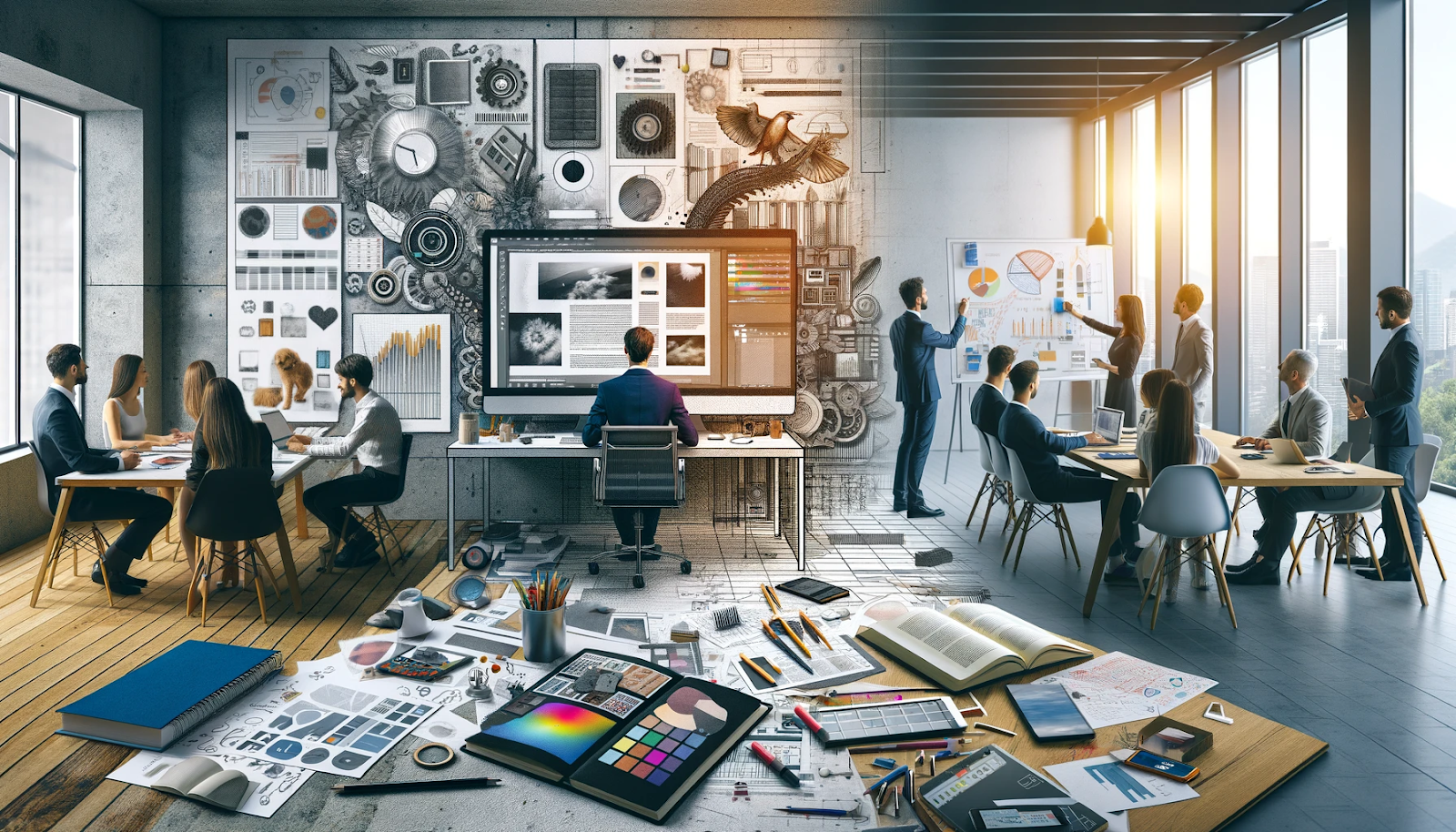 A dynamic digital illustration depicting a creative workspace divided into two contrasting halves. On the left, a designer sits at a desk working on a large screen surrounded by a collage of technical sketches, gears, and artistic elements in black and white, symbolizing creativity, brainstorming, and digital design. The desk is cluttered with color palettes, notebooks, and drawing tools. On the right side, a modern office setting with a group of professionals engaging in discussions, presentations, and data analysis in a bright, corporate environment.