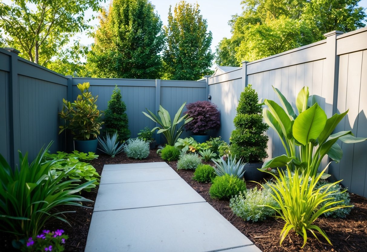 A small backyard with a variety of low-cost plants arranged in a visually appealing and sustainable landscaping design