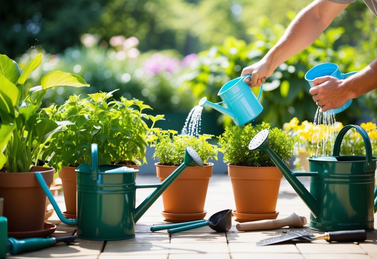 Lush potted plants sit on a sunny patio, surrounded by gardening tools and watering cans. A person waters the plants, ensuring their health and growth