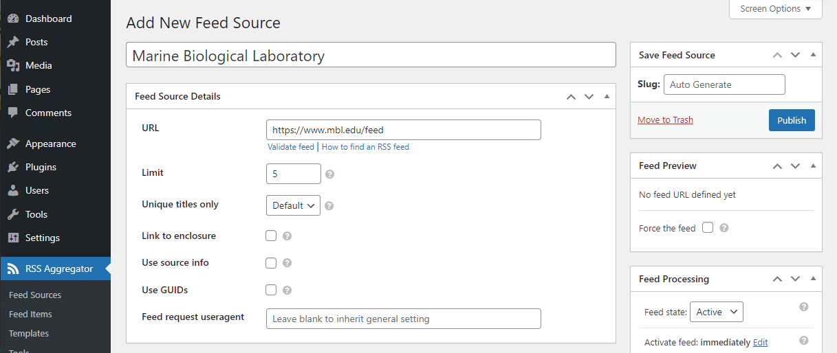 Feed source settings in WP RSS Aggregator