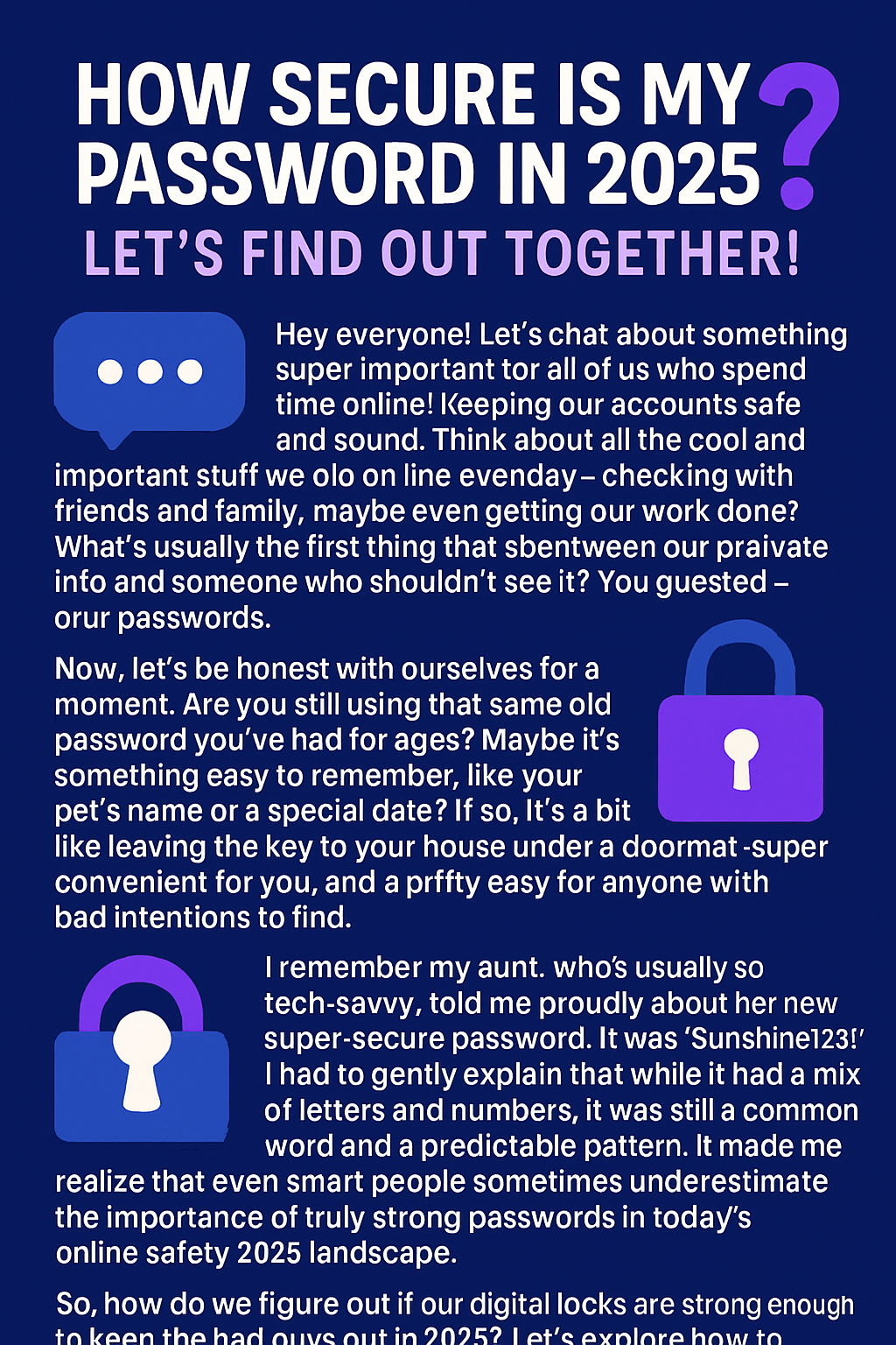 Hey everyone! Let's chat about something super important for all of us who spend time online: keeping our accounts safe and sound. Think about all the cool and important stuff we do online every day – checking our bank balance, buying that awesome gadget, chatting with friends and family, maybe even getting our work done. What's usually the first thing that stands between our private info and someone who shouldn't see it? You guessed it – our passwords.
Now, let's be honest with ourselves for a moment. Are you still using that same old password you've had for ages? Maybe it's something easy to remember, like your pet's name or a special date? If so, it's a bit like leaving the key to your house under the doormat – super convenient for you, maybe, but also pretty easy for anyone with bad intentions to find. And in 2025, the folks trying to sneak into our digital lives have some seriously clever tricks up their sleeves. That's why it's so crucial to ask ourselves: How secure is my password really in this day and age?
Think of your password like the lock on your phone. A simple swipe pattern might keep your curious little cousin out, but a determined person could probably figure it out pretty quickly. The same goes for your online passwords. A weak one is practically rolling out the welcome mat for cyber bad guys. And trust me, you don't want them snooping around your digital world.
I remember my aunt, who's usually so tech-savvy, told me proudly about her new super-secure password. It was "Sunshine123!" I had to gently explain that while it had a mix of letters and numbers, it was still a common word and a predictable pattern. It made me realize that even smart people sometimes underestimate the importance of truly strong passwords in today's online safety 2025 landscape.
So, how do we figure out if our digital locks are strong enough to keep the bad guys out in 2025? Let's explore how to check password strength online and make sure we're not accidentally leaving our digital doors unlocked.
