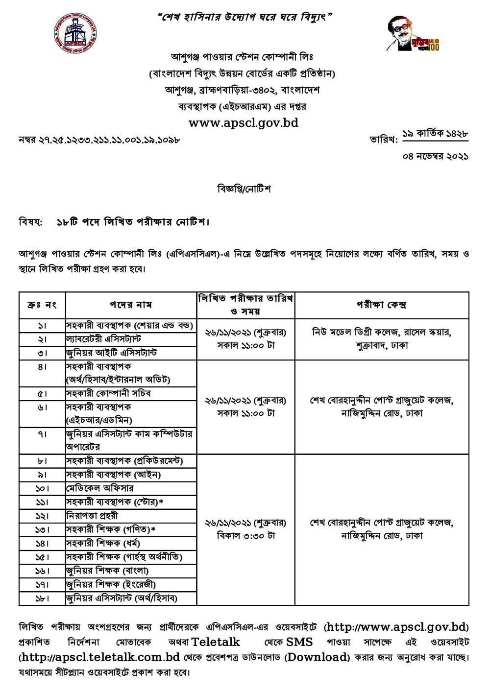 Ashuganj Power Station Company Admit Card