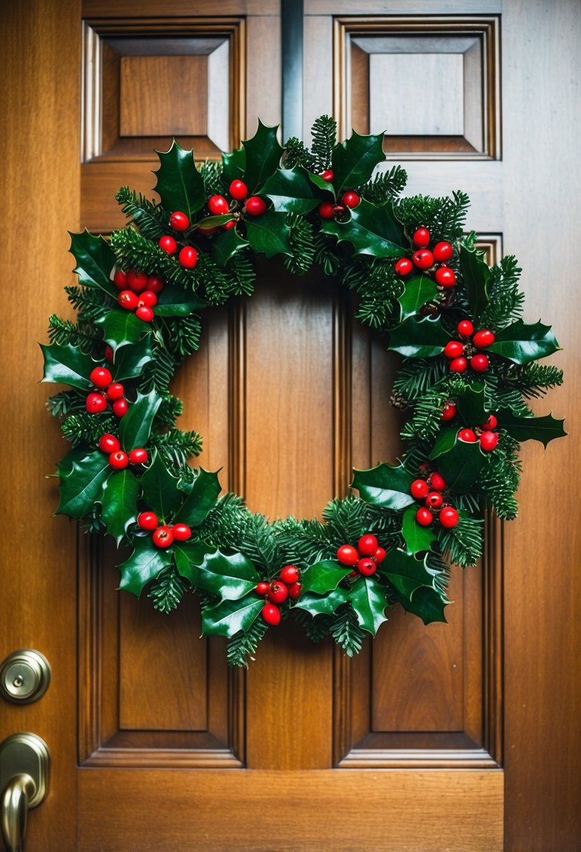 A round holly berry wreath with red berries and green leaves hangs on a wooden door