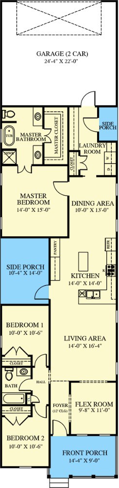 Main level floor plan of a 3-bedroom single-story country cottage with front and side porches, flex room, living area, kitchen, dining area, and laundry room leading to the rear garage. 