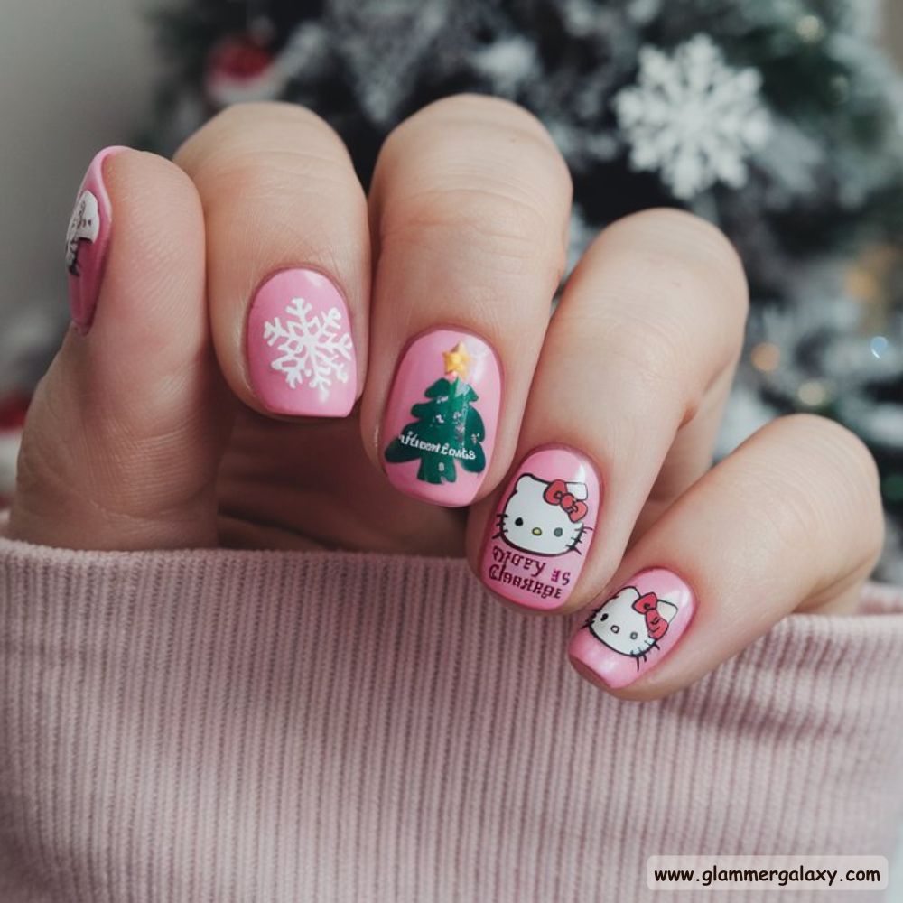 Pink Christmas Nails having Hello Kitty Christmas Nails
