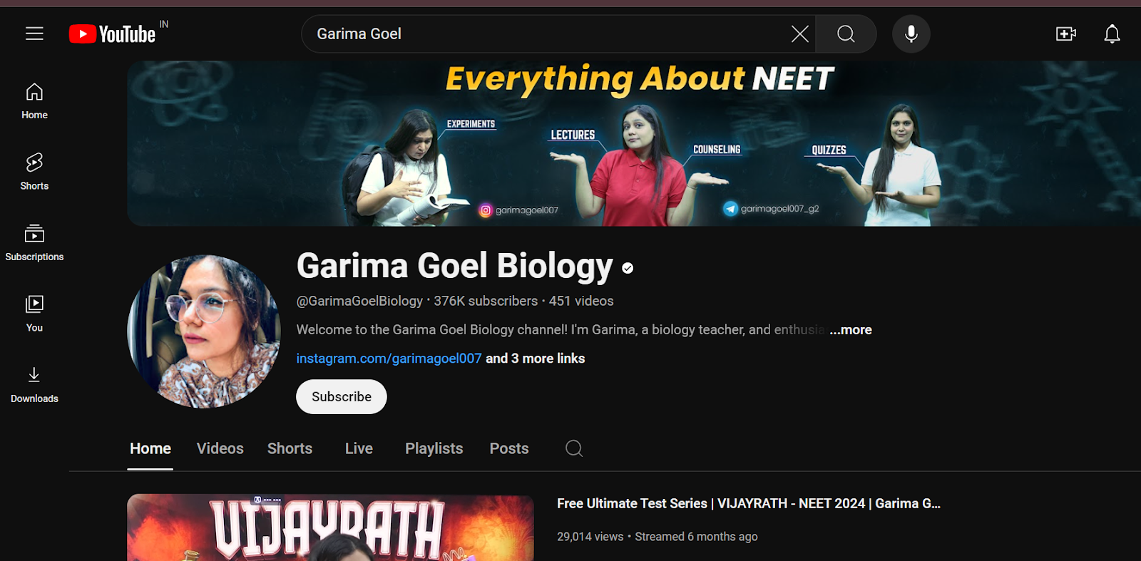 image of youtube channel of garima goel biology