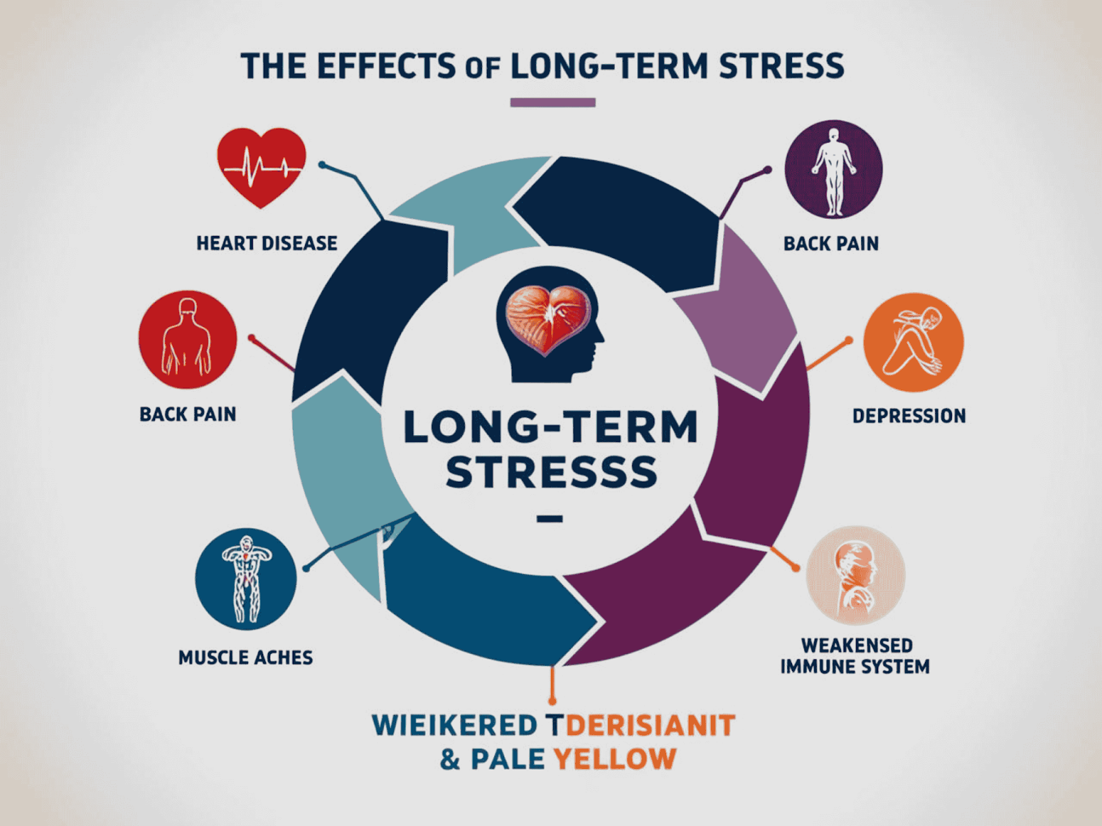 Illustration showing long-term stress effects: heart disease, back pain, depression, and weakened immunity.