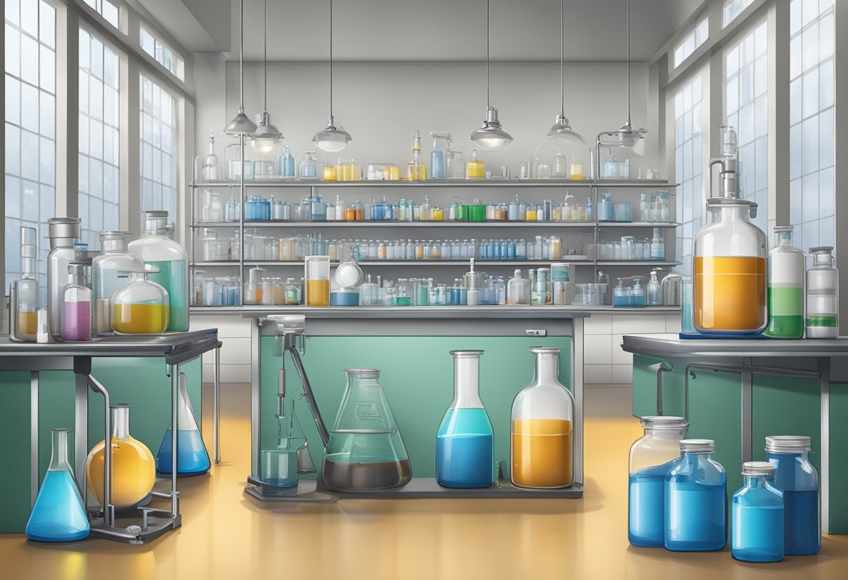 A laboratory setting with equipment and containers, chemicals, and a prominent display of 1-Acetyl Naphthalene with "Supplier India" label