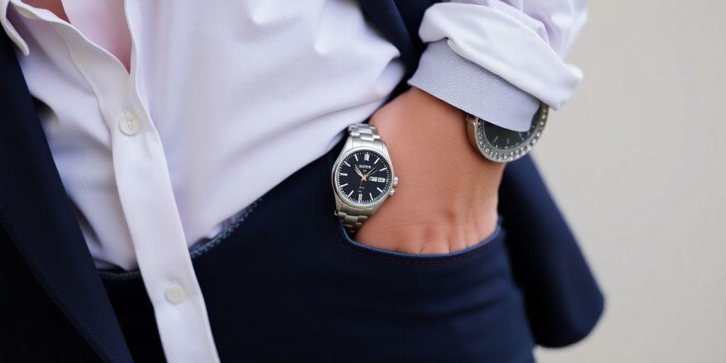 Seiko watch with casual outfit on a neutral background.