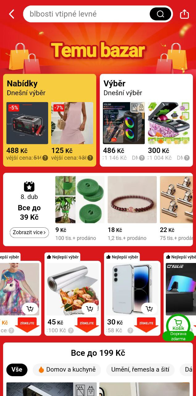 Temu bazar v mobilní aplikaci