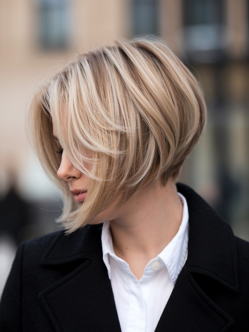 53. Short Layered Inverted Bob with Highlights