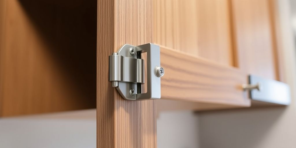 Close-up of a butt hinge on a cabinet.