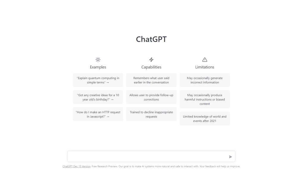 OpenAI ChatGPT user interfac, home UI