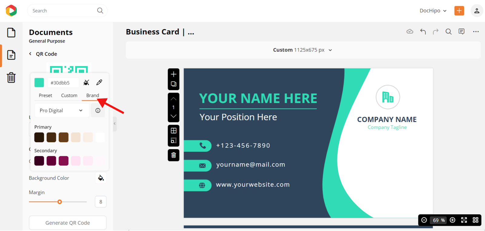 apply brand colors to QR code in the business card in the editor