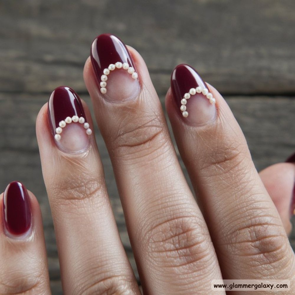 Burgundy fall Nails with Vintage Half-Moon Style