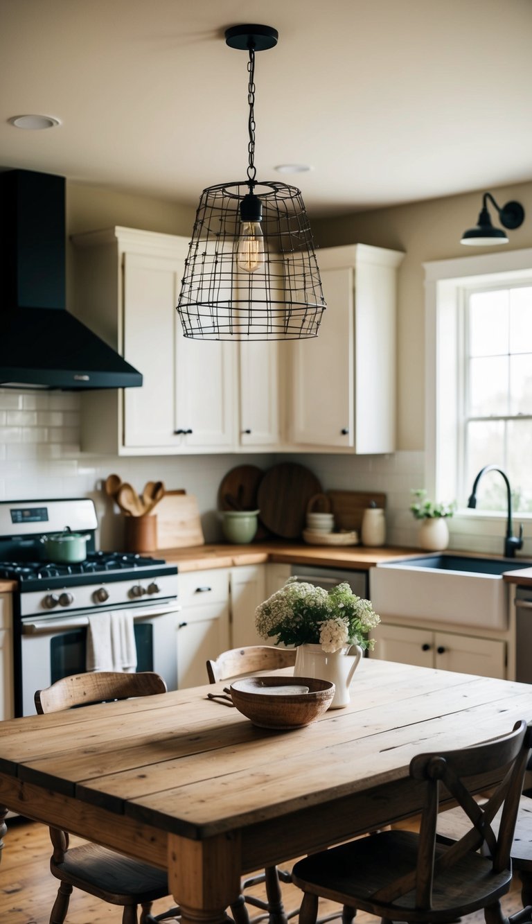 A cozy farmhouse kitchen with a wire basket pendant light hanging above a rustic wooden table and vintage chairs