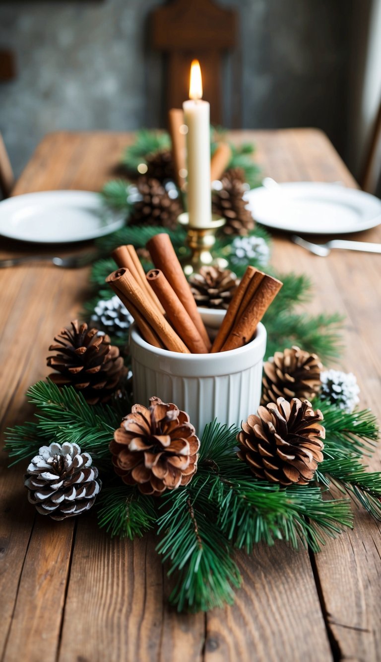 A rustic wooden table adorned with a centerpiece of cinnamon sticks, pinecones, and winter greenery