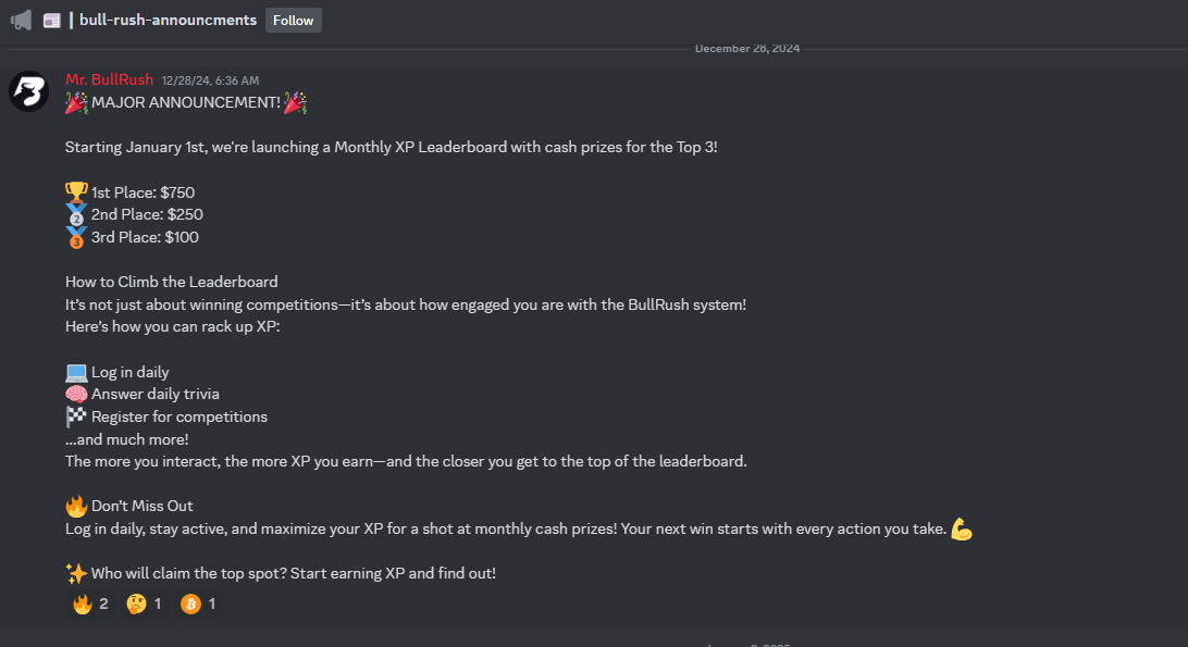 Dive into BullRush Discord for free competition entries, exclusive challenges, cash prizes, and exciting announcements.