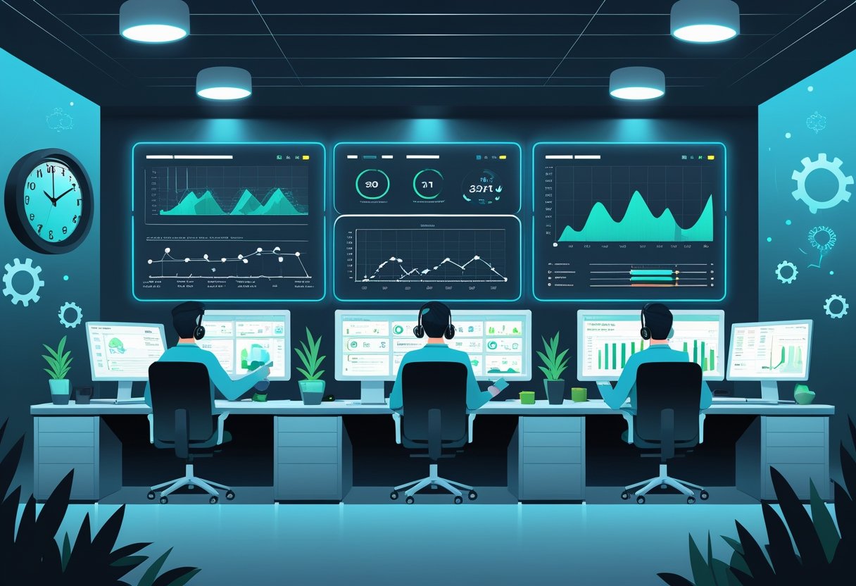 A team of helpdesk agents working in a control room with multiple screens showing system data and alerts, with a clock indicating nighttime hours, representing continuous support.