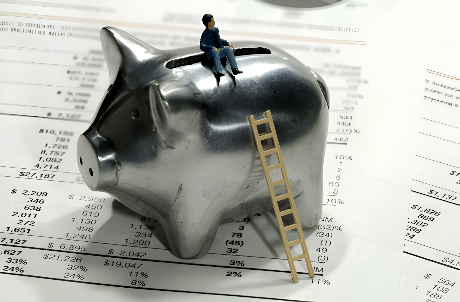 A miniature figure sitting on a large metallic piggy bank with a ladder leaning against it, placed on financial documents, symbolizing the challenges and strategies of handling payroll for small businesses.






