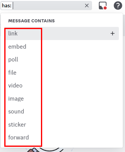 A close-up of the "Has" search operator in Discord, showing media type options like images, videos, and links.