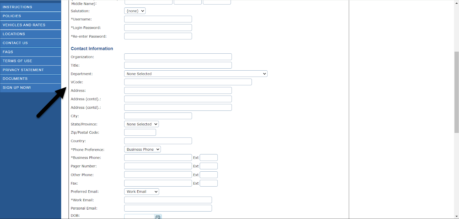 Fleet Commander website. Arrow pointing to V Code