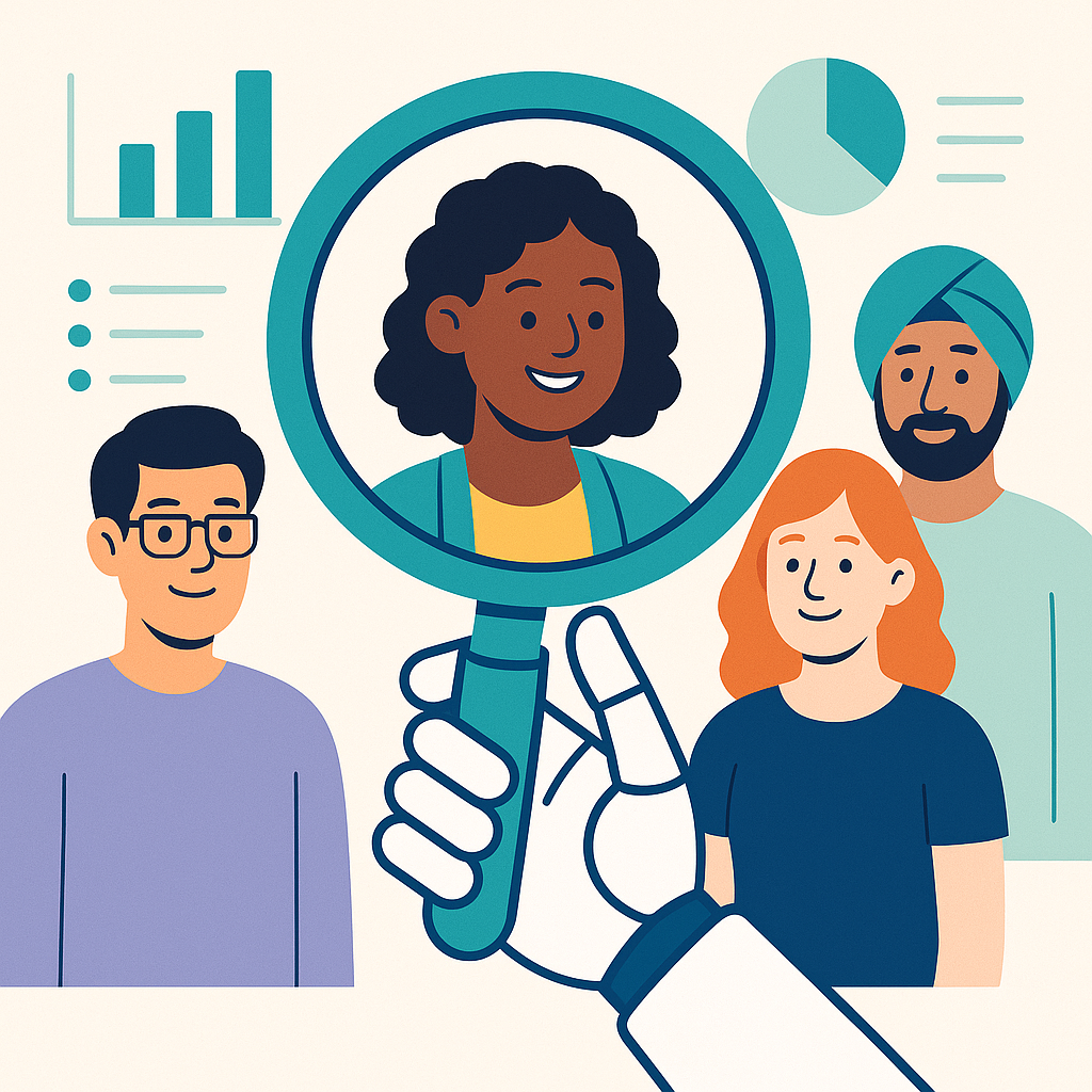 Simple flowchart showing the AI recruiting process: application submission, AI screening, candidate scoring, shortlist generation, interview, and hiring, with modern icons representing each step.
