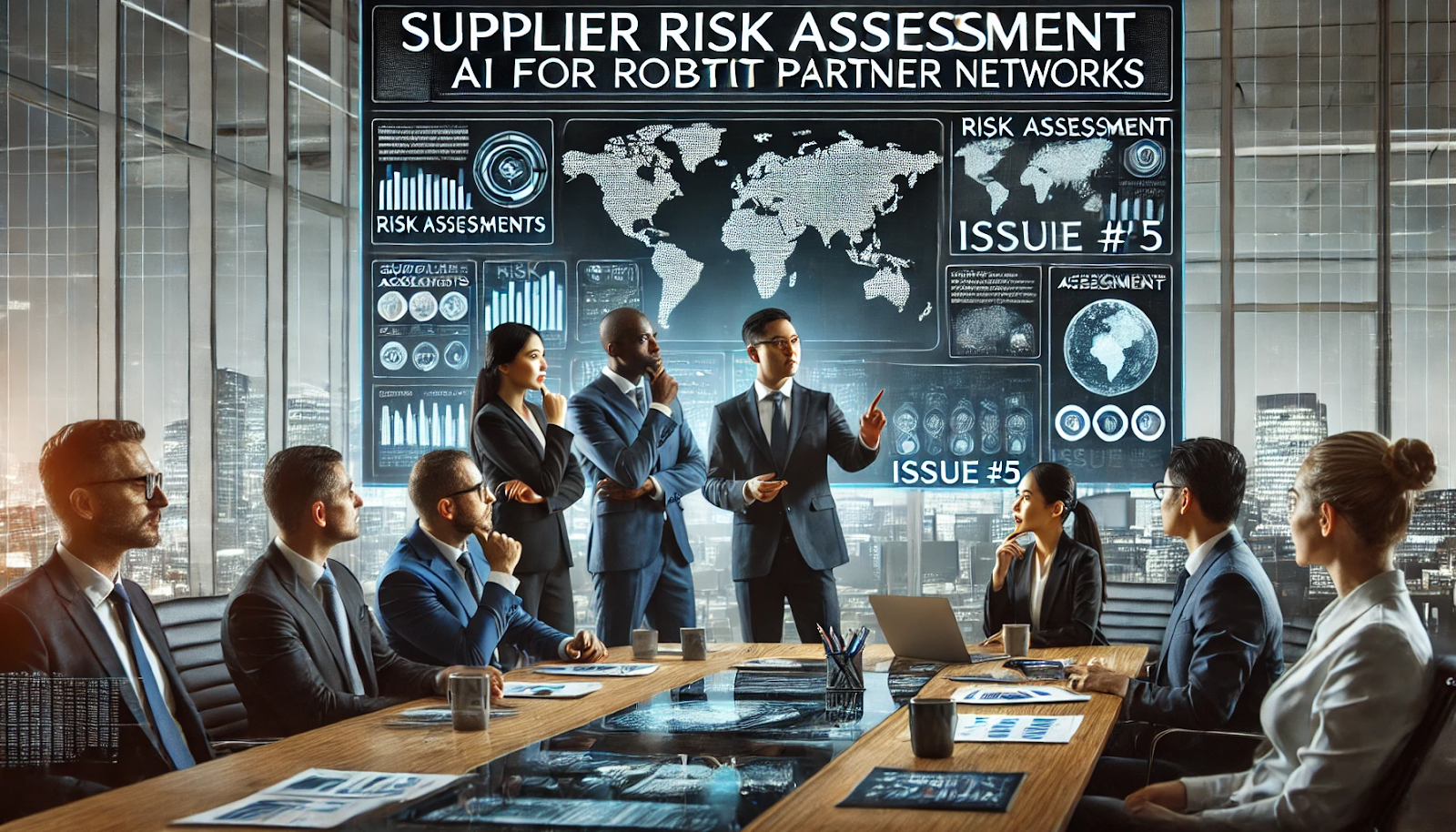 A business setting where a diverse team analyzes supplier data using an AI platform. The digital interface on a large screen displays risk assessments and alerts from various global news sources, enhancing decision-making for a resilient supplier network.