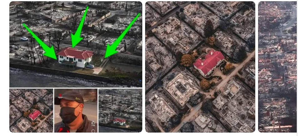 This is a screenshot of false images that spread widely among Chinese-language social media accounts. The image on the left side, with green arrows pointing to the house with a red roof, was taken during the 2023 Maui fires; the right one, also showing a red-roofed house, was generated by AI. 