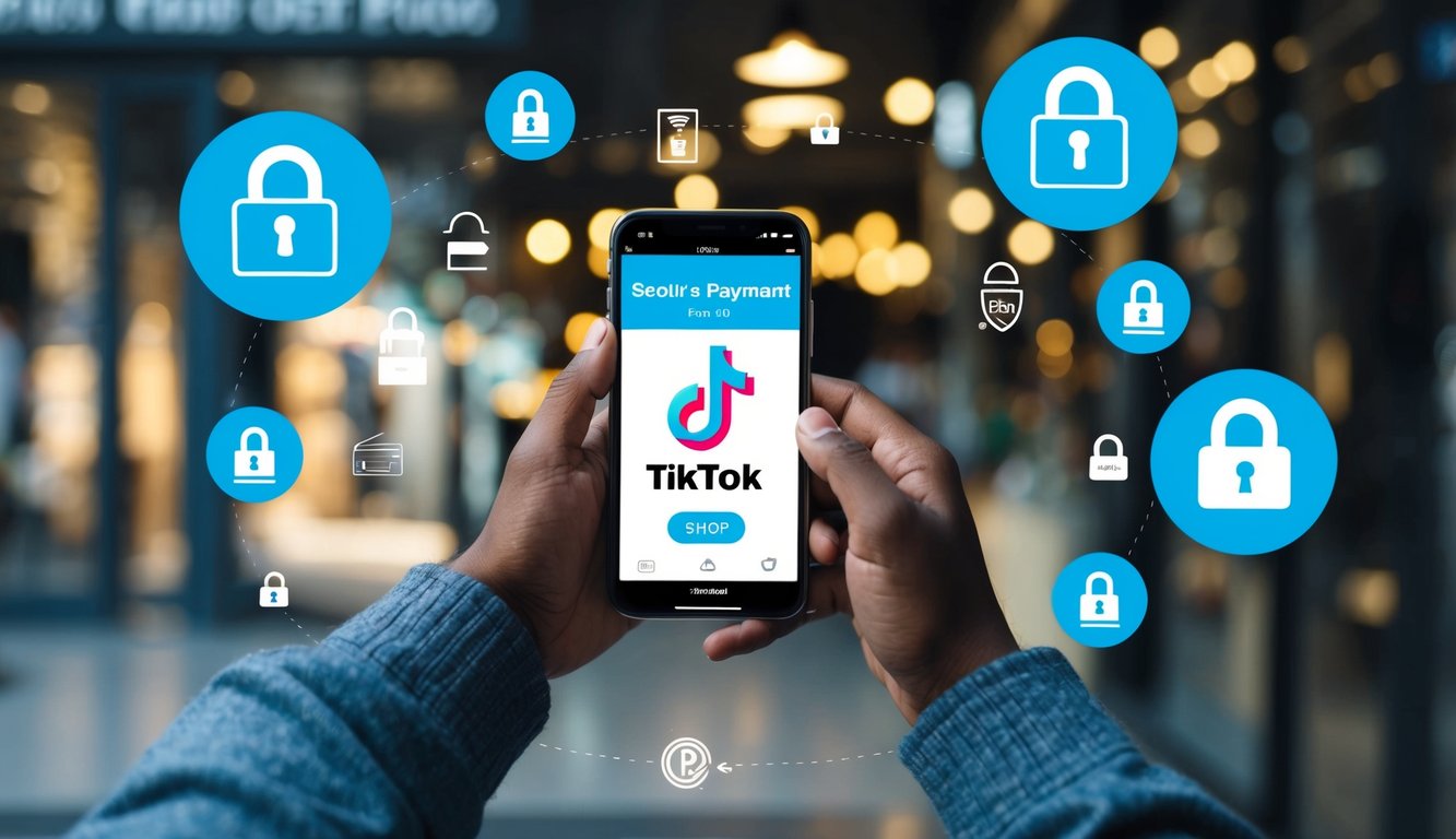 A person scrolling through TikTok Shop, surrounded by secure payment icons and a padlock symbol