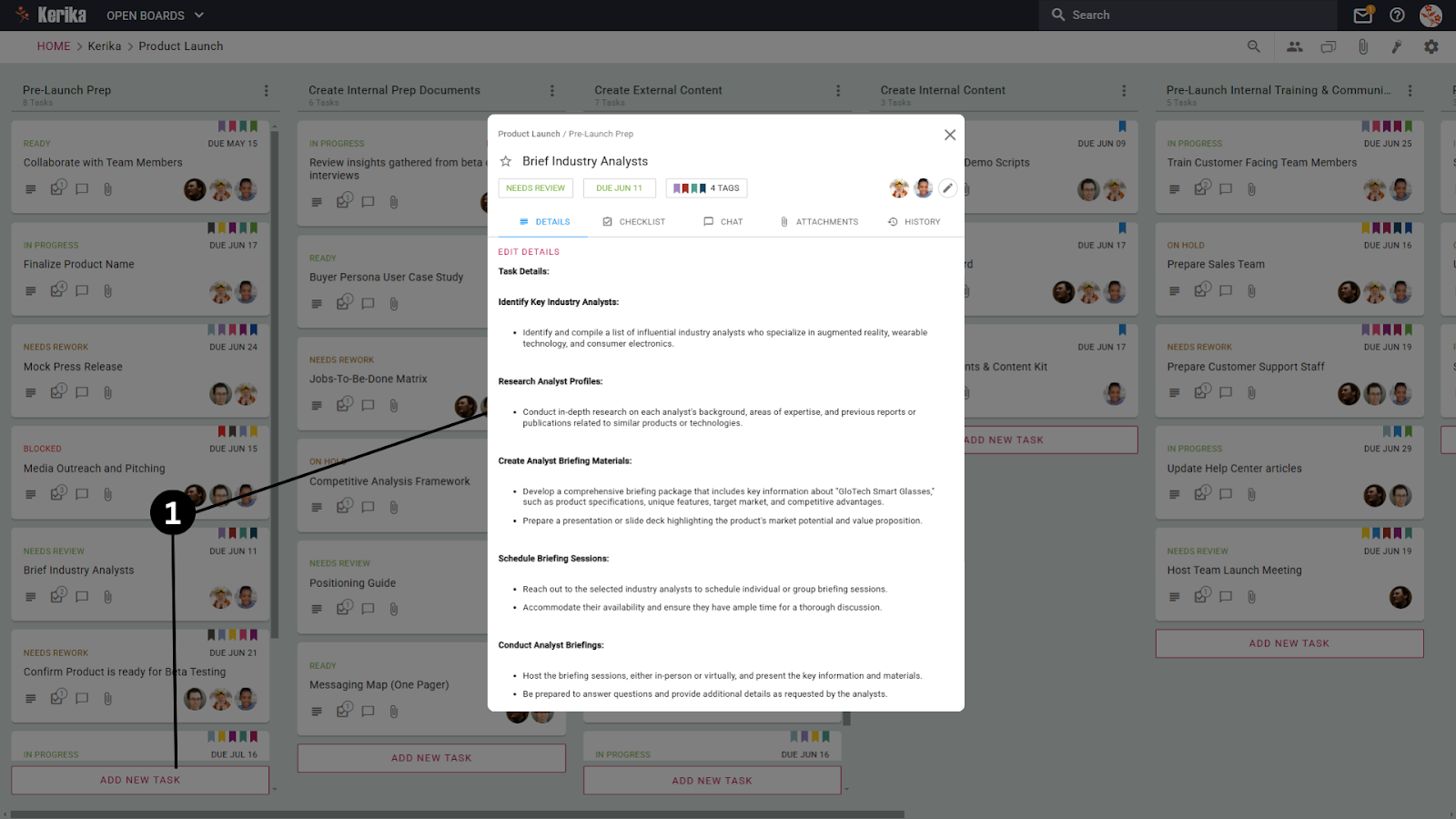 Kerika task card detail view, which breaks down tasks into granular steps. This feature is perfect for ensuring every aspect of your product launch is fully executed. See how simple it is to create checklists, assign responsibilities, and monitor progress right within each task. Stay organized and on track with Kerika
