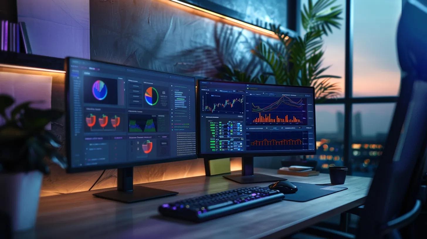 a sleek, modern office workspace with dual monitors displaying colorful graphs and schema markup snippets, illuminated by clean, artificial lighting, embodies the dynamic process of implementing structured data to enhance website visibility.